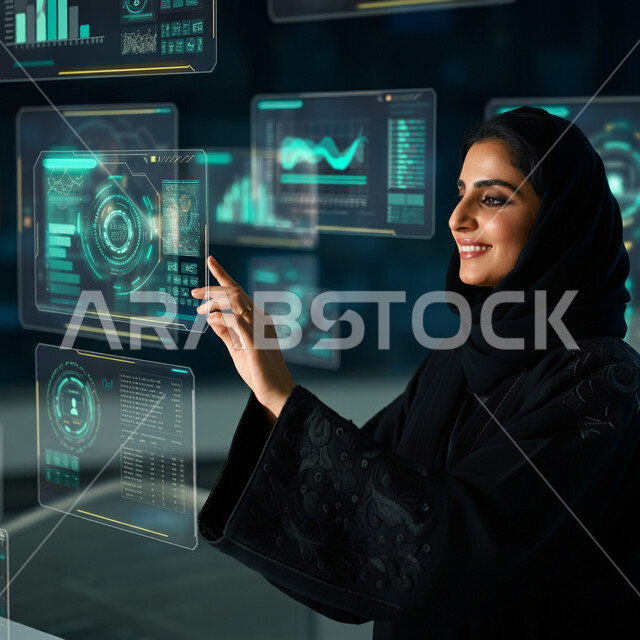 استخدام التقنيات الحديثة في الأعمال المكتبية، صورة مقربة لشابة عربية خليجية سعودية ترتدي الحجاب والعباءة تقوم بالنقر على الأيقونات في شاشة هولوجرامية ثلاثية الأبعاد، دمج التكنولوجيا المتطورة مع العمل، مفهوم التحول الرقمي
