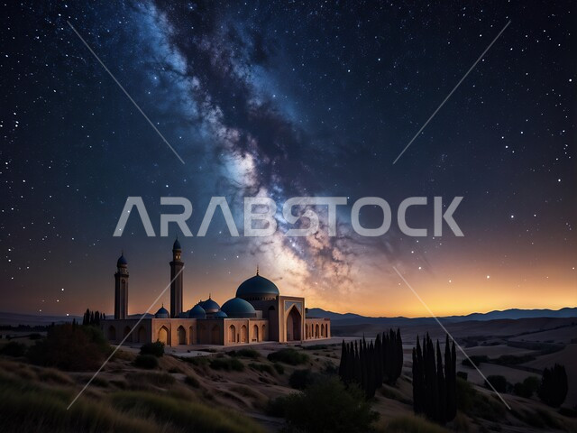أماكن دعوة ونداء المسلمين للصلاة، أداء الطاعات والعبادات والتقرب الى الله تعالى، الفن الهندسي المعماري في بناء مسجد عريق على الطراز العربي الإسلامي في المناطق الصحراوية، القبب والمآذن الشامخة لدور العبادة في وقت الليل، خلفية درب التبانة المضيئة في السماء