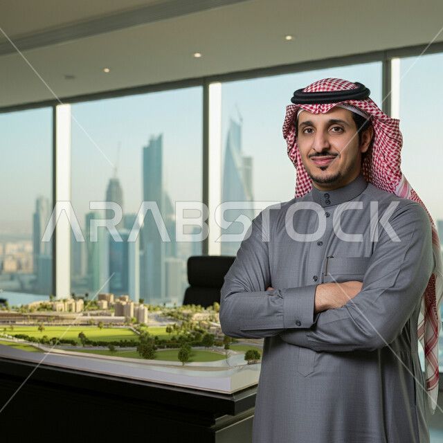 نموذج بناء هندسي جديد لمشروع التخطيط العمراني، مهندس عربي خليجي سعودي يرتدي الثوب التقليدي والشماغ يقف بأيدي متقاطعة داخل مقر الشركة، المهن والوظائف في المملكة العربية السعودية، النظر إلى الكاميرا بإيماءات الثقة بالنفس