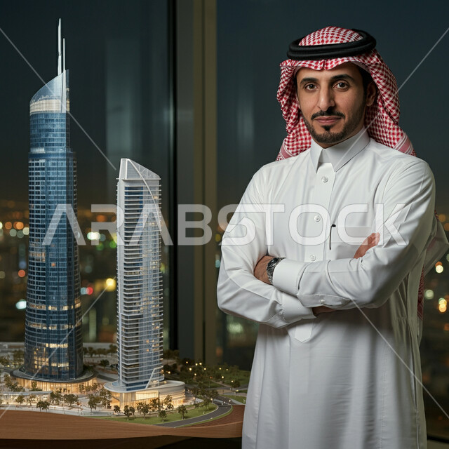 نموذج بناء هندسي جديد للأبراج وناطحات السحاب، مهندس عربي خليجي سعودي يرتدي الثوب التقليدي والشماغ يقف بأيدي متقاطعة داخل مقر الشركة، المهن والوظائف الشبابية في المملكة العربية السعودية، النظر إلى الكاميرا بإيماءات الثقة بالنفس