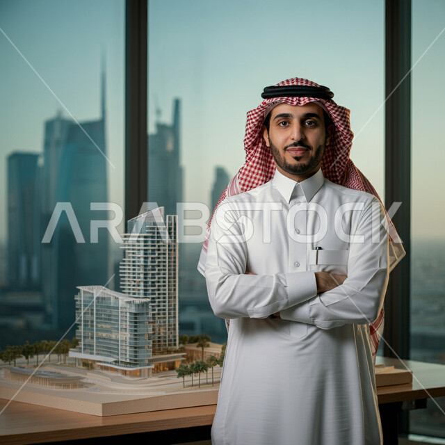 النظر إلى الكاميرا بإيماءات الثقة بالنفس، نموذج بناء هندسي جديد للأبراج وناطحات السحاب، مهندس عربي خليجي سعودي يرتدي الثوب التقليدي والشماغ يقف بأيدي متقاطعة داخل مقر الشركة، المهن والوظائف الشبابية في المملكة العربية السعودية