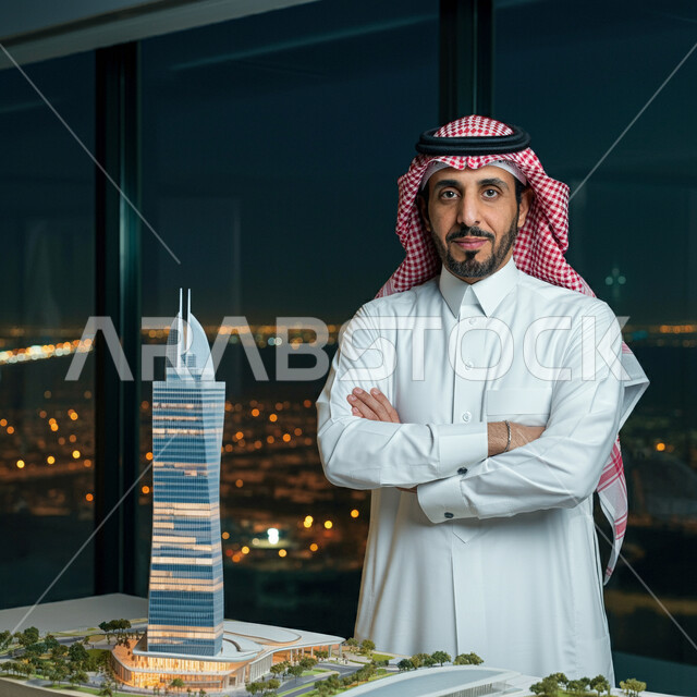 تطور وتقدم الهندسة المعمارية، النظر إلى الكاميرا بإيماءات الثقة بالنفس، نموذج بناء هندسي جديد لمشروع عمراني، مهندس عربي خليجي سعودي يرتدي الثوب التقليدي والشماغ يقف بأيدي متقاطعة داخل مقر الشركة، المهن والوظائف الشبابية في المملكة العربية السعودية