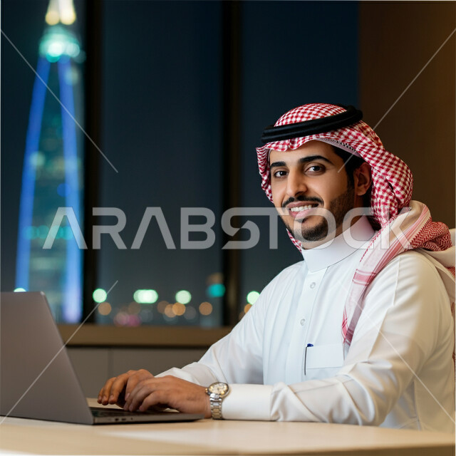 مهن ووظائف إدارية مكتبية في المملكة العربية السعودية، إدارة شؤون الأعمال وتنظيمها عبر الأجهزة التقنية، صورة مقربة لرجل عربي خليجي سعودي يرتدي الشماغ و الثوب التقليدي يعمل على الحاسوب المحمول داخل مقر الشركة، دمج العمل مع التقنية والتكنولوجيا