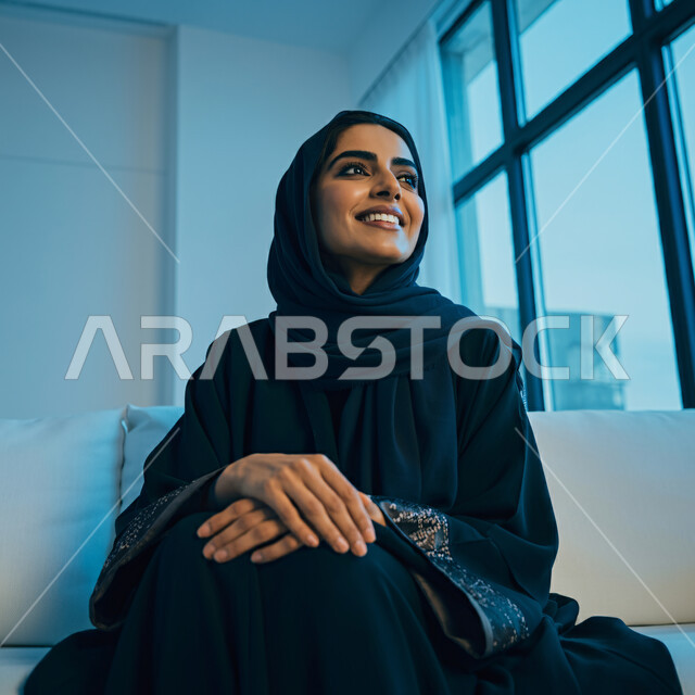 الاعتناء بالمظهر الخارجي والشياكة والأناقة, تعابير السعادة والسرور ، صورة مقربة لإمرأة عربية خليجية سعودية مبتسمة ترتدي العباءة السوداء تنظر إلى مكان ما في الأعلى بإيماءات الثقة بالنفس والفرح، مفهوم الأنوثة والنعومة لدى النساء السعوديات