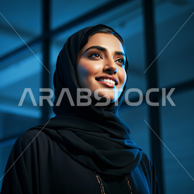 الاعتناء بالمظهر الخارجي والشياكة والأناقة, تعابير السعادة والسرور ، صورة مقربة لإمرأة عربية خليجية سعودية مبتسمة ترتدي العباءة السوداء تنظر إلى مكان ما في الأعلى بإيماءات الثقة بالنفس والفرح، مفهوم الأنوثة والنعومة لدى النساء السعوديات