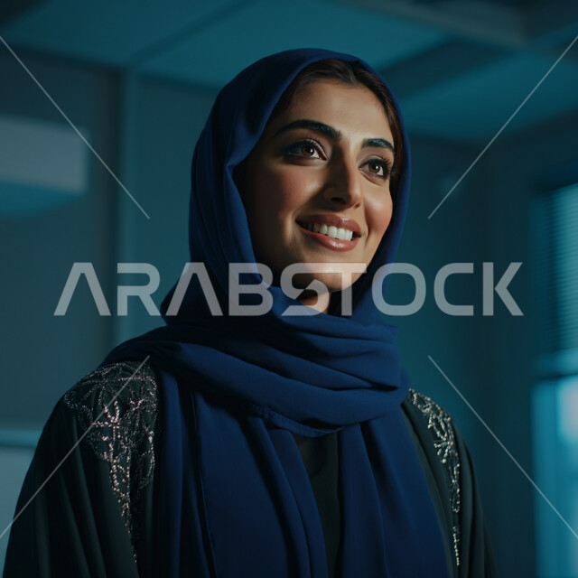 الاعتناء بالمظهر الخارجي والشياكة والأناقة, تعابير السعادة والسرور ، صورة مقربة لإمرأة عربية خليجية سعودية مبتسمة ترتدي العباءة السوداء تنظر إلى مكان ما بإيماءات الثقة بالنفس والفرح، مفهوم الأنوثة والنعومة لدى النساء السعوديات