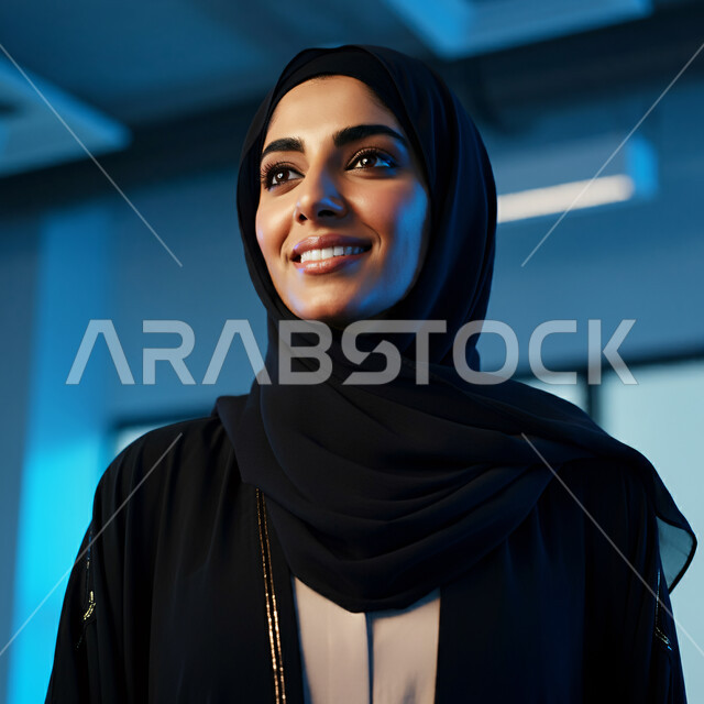 الاعتناء بالمظهر الخارجي والشياكة والأناقة, تعابير السعادة والسرور ، صورة مقربة لإمرأة عربية خليجية سعودية مبتسمة ترتدي العباءة السوداء تنظر إلى مكان ما بإيماءات الثقة بالنفس والفرح، مفهوم الأنوثة والنعومة لدى النساء السعوديات