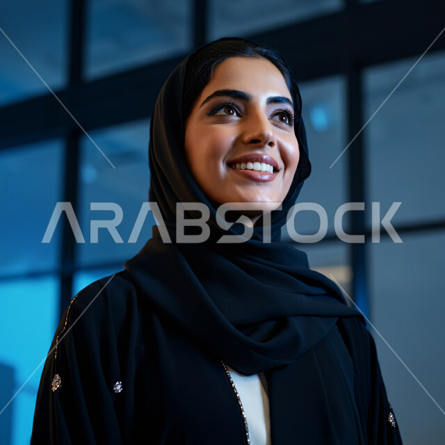 الاعتناء بالمظهر الخارجي والشياكة والأناقة, تعابير السعادة والسرور ، صورة مقربة لإمرأة عربية خليجية سعودية مبتسمة ترتدي العباءة السوداء تنظر إلى مكان ما في الأعلى بإيماءات الثقة بالنفس والفرح، مفهوم الأنوثة والنعومة لدى النساء السعوديات