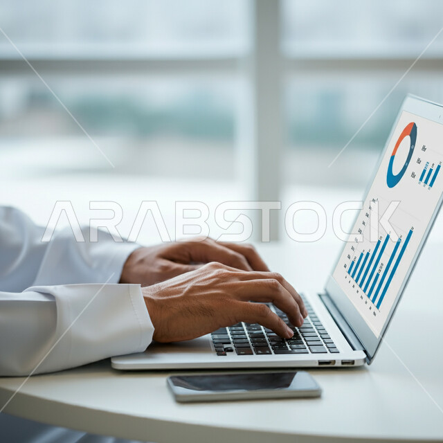 استخدام الأجهزة والتقنيات الحديثة المتطورة، تحقيق الأهداف المالية للشركة، الاستثمار المالي والاقتصادي، صورة مقربة لأيدي رجل عربي خليجي سعودي يرتدي الثوب التقليدي يتابع البورصة من خلال الحاسوب المحمول، مهن ووظائف إدارية في المملكة العربية السعودية