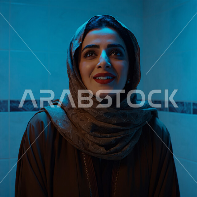 تعابير السعادة والسرور، الاعتناء بالمظهر الخارجي والشياكة والأناقة ، صورة مقربة لإمرأة عربية خليجية سعودية مبتسمة ترتدي الحجاب تنظر إلى مكان ما بإيماءات الثقة بالنفس والفرح، مفهوم الأنوثة والنعومة لدى النساء السعوديات