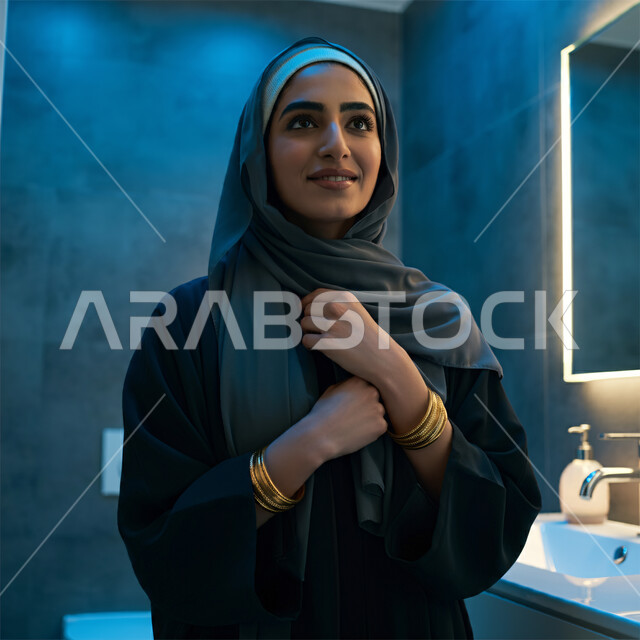تعابير السعادة والسرور، الاعتناء بالمظهر الخارجي والشياكة والأناقة ، صورة مقربة لإمرأة عربية خليجية سعودية مبتسمة ترتدي الحجاب تنظر إلى مكان ما بإيماءات الثقة بالنفس والفرح، مفهوم الأنوثة والنعومة لدى النساء السعوديات