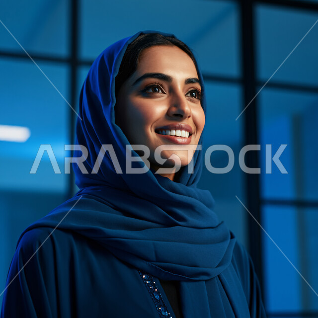 تعابير السعادة والسرور، الاعتناء بالمظهر الخارجي والشياكة والأناقة ، صورة مقربة لإمرأة عربية خليجية سعودية مبتسمة ترتدي الحجاب تنظر إلى مكان ما بإيماءات الثقة بالنفس والفرح، مفهوم الأنوثة والنعومة لدى النساء السعوديات