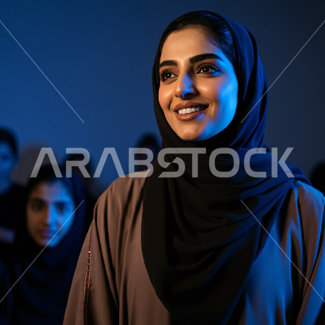 تعابير السعادة والسرور، الاعتناء بالمظهر الخارجي والشياكة والأناقة ، صورة مقربة لإمرأة عربية خليجية سعودية مبتسمة ترتدي الحجاب تنظر إلى مكان ما بإيماءات الثقة بالنفس والفرح، مفهوم الأنوثة والنعومة لدى النساء السعوديات