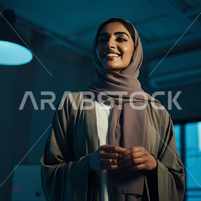تعابير السعادة والسرور، الاعتناء بالمظهر الخارجي والشياكة والأناقة ، صورة مقربة لإمرأة عربية خليجية سعودية مبتسمة ترتدي الحجاب تنظر إلى مكان ما بإيماءات الثقة بالنفس والفرح، مفهوم الأنوثة والنعومة لدى النساء السعوديات