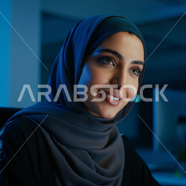 مفهوم النعومة والانوثة، أزياء محجبات عصرية راقية، الأناقة والاهتمام بالمظهر الخارجي، صورة مقربة لامرأة عربية خليجية سعودية مبتسمة ترتدي الحجاب تنظر الى شيء ما بإيماءات السرور والثقة بالنفس والفرح