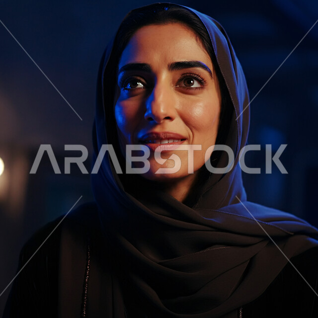 مفهوم النعومة والانوثة، أزياء محجبات عصرية راقية، الأناقة والاهتمام بالمظهر الخارجي، بورتريه مقرب لامرأة عربية خليجية سعودية مبتسمة ترتدي العباءة السوداء تنظر الى شيء ما بإيماءات السرور والثقة بالنفس والفرح، خلفية سوداء