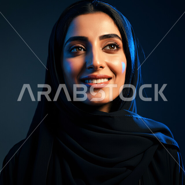 مفهوم النعومة والانوثة، أزياء محجبات عصرية راقية، الأناقة والاهتمام بالمظهر الخارجي، بورتريه مقرب لامرأة عربية خليجية سعودية مبتسمة ترتدي العباءة السوداء تنظر الى شيء ما بإيماءات السرور والثقة بالنفس والفرح، خلفية سوداء