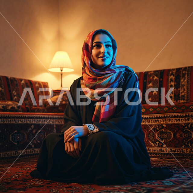 Having a good time at home, calm, relaxation and comfort, the concept of elegance and interest in one's appearance, a close-up of a smiling Saudi Arabian Gulf woman wearing the hijab sitting in a living room, looking at something with gestures of pleasure and joy