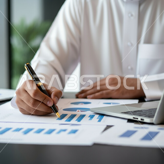 تطوير استراتيجية العمل وخطة النمو، الاستثمار المالي والاقتصادي، صورة مقربة لرجل عربي خليجي سعودي يرتدي الثوب التقليدي يستخدم الحاسوب المحمول، استخدام الأجهزة والتقنيات الحديثة المتطورة، قسم التحليلات والإحصائيات البيانية، مراقبة الاقتصاد والمعلومات المالية