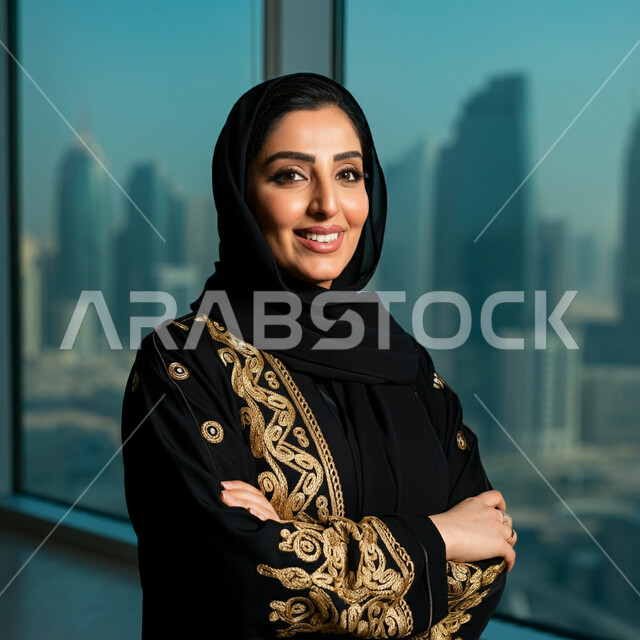 الأناقة والاهتمام بالمظهر الخارجي، صورة مقربة لامرأة عربية خليجية سعودية مبتسمة ترتدي الحجاب والعباءة السوداء تقف بأيدي متقاطعة تنظر إلى الكاميرا بإيماءات السرور والثقة بالنفس، أزياء محجبات عصرية راقية، مفهوم النعومة والأنوثة