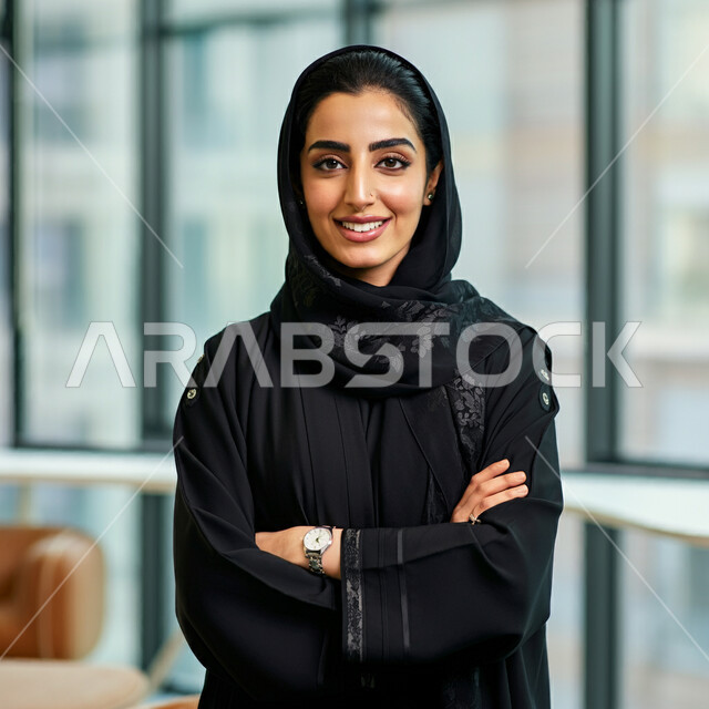 أزياء محجبات عصرية راقية، الأناقة والاهتمام بالمظهر الخارجي، صورة مقربة لامرأة عربية خليجية سعودية مبتسمة ترتدي الحجاب والعباءة السوداء تقف بأيدي متقاطعة تنظر إلى الكاميرا بإيماءات السرور والثقة بالنفس، مفهوم النعومة والأنوثة