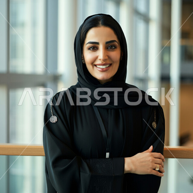 مفهوم النعومة والأنوثة، أزياء محجبات عصرية راقية، الأناقة والاهتمام بالمظهر الخارجي، صورة مقربة لامرأة عربية خليجية سعودية مبتسمة ترتدي الحجاب والعباءة السوداء تقف بأيدي متقاطعة تنظر إلى الكاميرا بإيماءات السرور والثقة بالنفس