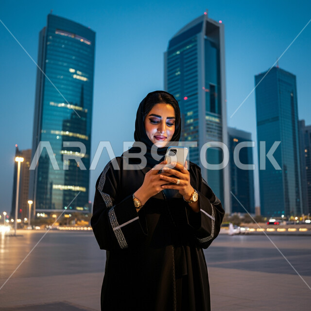 التواصل مع الأهل والأصدقاء، استخدام الأجهزة التقنية الحديثة، مفهوم النعومة والأنوثة، امرأة عربية خليجية سعودية ترتدي الحجاب والعباءة السوداء تمسك بيدها الهاتف المحمول، التقاط الصور التذكارية وسط المدينة، خلفية الأبراج وناطحات السحاب