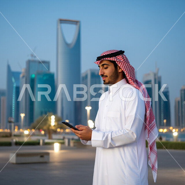 إجراء مكالمات الفيديو عبر الموبايل، رجل عربي خليجي سعودي يرتدي الثوب التقليدي والشماغ يمسك بيده الهاتف المحمول، التقاط الصور التذكارية وسط المدينة، التواصل مع الأهل والأصدقاء، استخدام الأجهزة التقنية الحديثة، خلفية الأبراج وناطحات السحاب