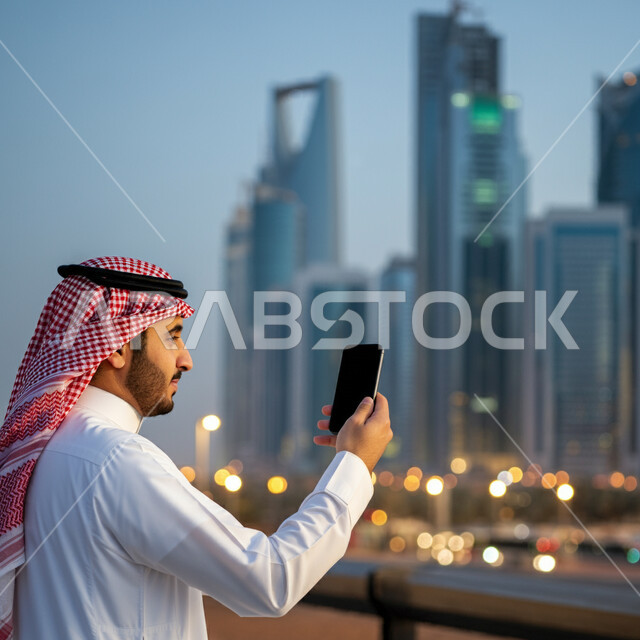استخدام الأجهزة التقنية الحديثة، التقاط الصور التذكارية وسط المدينة، إجراء مكالمات الفيديو عبر الموبايل، صورة مقربة من الجانب لرجل عربي خليجي سعودي يرتدي الثوب التقليدي والشماغ يمسك بيده الهاتف المحمول، التواصل مع الأهل والأصدقاء، خلفية الأبراج وناطحات السحاب