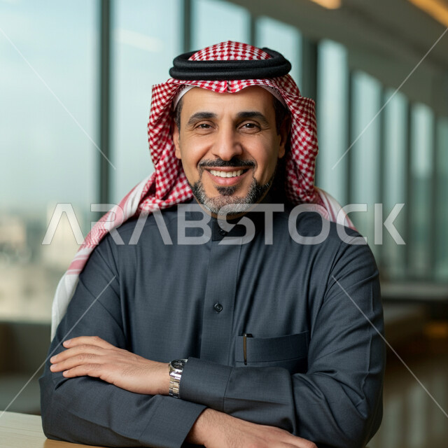 Taking selfies for official documents, taking care of one's appearance, a close-up of a Saudi Arabian Gulf man wearing a bisht, traditional thobe and shemagh looking at the camera with expressions of pleasure and self-confidence, the concept of elegance and masculinity
