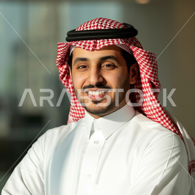 Concern for appearance, close-up of a Saudi Arabian Gulf man wearing traditional thobe and shemagh looking at the camera with gestures of self-confidence and pleasure, concept of elegance and masculinity, taking personal photos for official documents