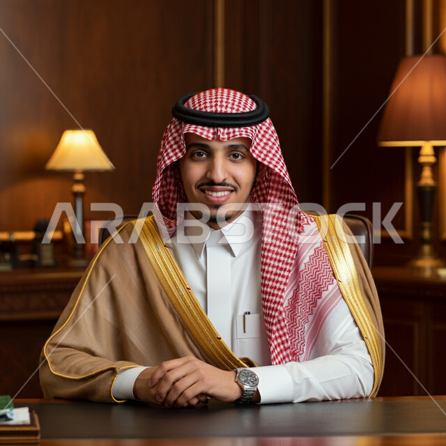 الاهتمام بالمظهر الخارجي، صورة مقربة لرجل عربي خليجي سعودي يرتدي البشت والثوب التقليدي والشماغ يجلس في مكتب ينظر إلى الكاميرا بإيماءات السرور والثقة بالنفس، التقاط الصور الشخصية للوثائق الرسمية، مفهوم الأناقة والرجولة