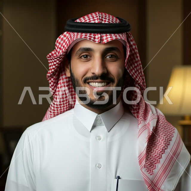 الاهتمام بالمظهر الخارجي، صورة مقربة لرجل عربي خليجي سعودي يرتدي الثوب التقليدي والشماغ ينظر إلى الكاميرا بإيماءات السرور والثقة بالنفس، مفهوم الأناقة والرجولة، التقاط الصور الشخصية للوثائق الرسمية