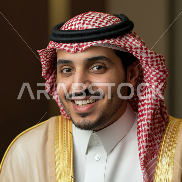 التقاط الصور الشخصية للوثائق الرسمية، الاهتمام بالمظهر الخارجي، صورة مقربة لرجل عربي خليجي سعودي يرتدي البشت والثوب التقليدي والشماغ ينظر إلى الكاميرا بتعابير السرور والثقة بالنفس، مفهوم الأناقة والرجولة