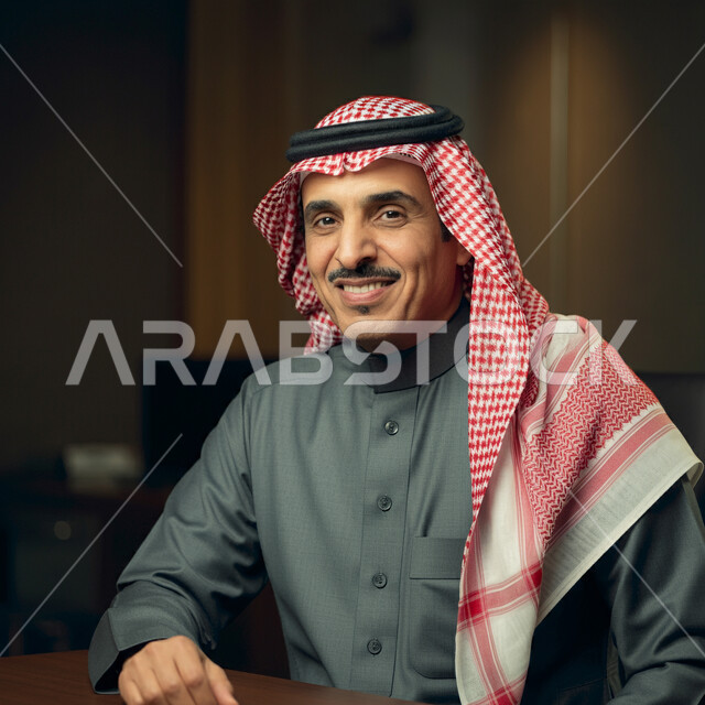 مفهوم الأناقة والرجولة، الاهتمام بالمظهر الخارجي، صورة مقربة لرجل عربي خليجي سعودي يرتدي الثوب التقليدي والشماغ ينظر إلى الكاميرا بتعابير السرور والثقة بالنفس، التقاط الصور الشخصية للوثائق الرسمية