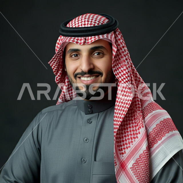 التقاط الصور الشخصية للوثائق الرسمية، بورتريه مقرب لرجل عربي خليجي سعودي مبتسم يرتدي الثوب التقليدي والشماغ ينظر إلى الكاميرا بايماءات السرور والثقة بالنفس، الاهتمام بالمظهر الخارجي، مفهوم الأناقة والرجولة، خلفية سوداء