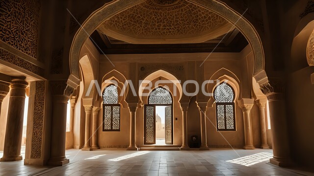 مفهوم العبادة والتقرب إلى الله تعالى, الفن الهندسي المعماري لمسجد عربي عريق، النقوش والزخارف للاعمدة والاقواس على الطراز الاسلامي, التصاميم والديكورات الداخلية الأنيقة للمساجد