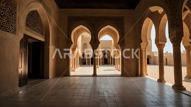 الفن الهندسي المعماري لمسجد عربي عريق، النقوش والزخارف للاعمدة والاقواس على الطراز الاسلامي, التصاميم والديكورات الخارجية الأنيقة للمساجد، مفهوم العبادة والتقرب إلى الله تعالى
