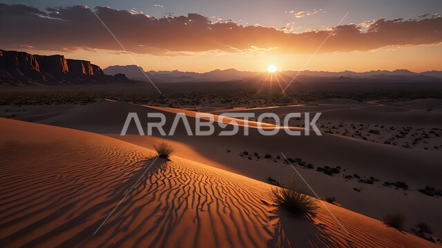 منظر غروب الشمس في الصحراء الخليجية, التلال والكثبان الرملية الذهبية الناعمة في الصحاري العربية الواسعة، المناطق الطبيعية الصحراوية في الخليج العربي، نمو الأعشاب والنباتات البرية الخضراء  في البراري