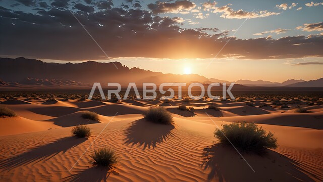 نمو الأعشاب والنباتات البرية الخضراء  في البراري, منظر غروب الشمس في الصحراء الخليجية, التلال والكثبان الرملية الذهبية الناعمة في الصحاري العربية الواسعة، المناطق الطبيعية الصحراوية في الخليج العربي