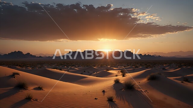 التلال والكثبان الرملية الذهبية الناعمة في الصحاري العربية الواسعة، المناطق الطبيعية الصحراوية في الخليج العربي، نمو الأعشاب والنباتات البرية الخضراء  في البراري, منظر غروب الشمس في الصحراء الخليجية