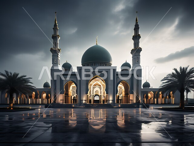 Places of worship and drawing closer to God Almighty, the call of Muslims to perform religious duties and prayers, Islamic matters, spirituality and tranquility, the architectural art of domes and minarets of Islamic mosques, engravings and decorations of columns and arches in the Islamic style