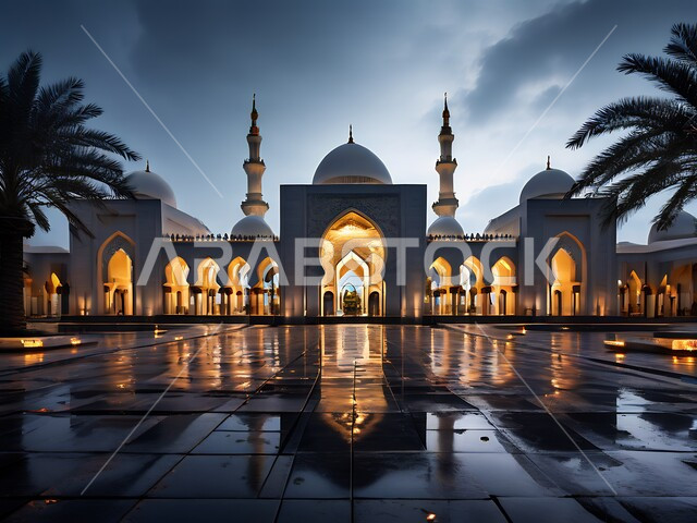 النقوش والزخارف للاعمدة والاقواس على الطراز الاسلامي, نداء المسلمين لأداء الفرائض والصلوات، إسلاميات وروحانيات وطمأنينة, الفن الهندسي المعماري لقبب ومآذن المساجد الاسلامية المضيئة ليلا, أماكن العبادة والتقرب إلى الله تعالى