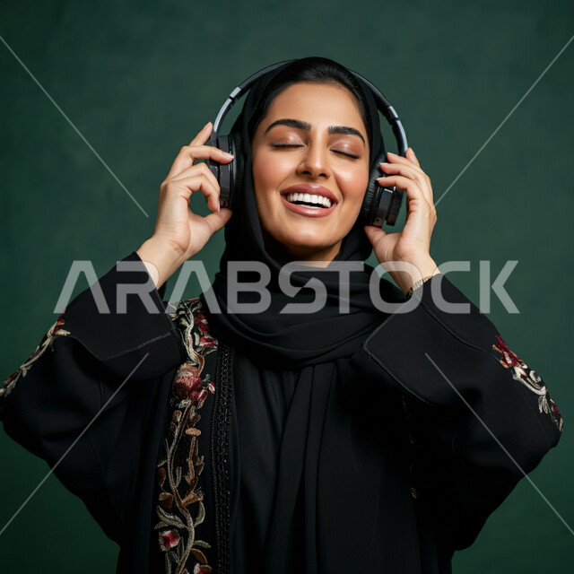 استخدام الهيدفون في اوقات الفراغ، بورتريه مقرب لإمرأه عربيه سعوديه خليجيه محجبة ترتدي عباءة سوداء مع سماعة الرأس بايماءات الإندماج والتفاعل وسماع الموسيقى، مفهوم التسليه والترفيه, قضاء وقت ممتع, تطور التقنيه والتكنولوجيا، خلفية خضراء