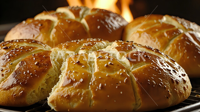 المخابز والأفران في المملكة العربية، أرغفة الخبز العربي التقليدي المفرود في الفرن الشعبي مع بذور السمسم، مخبوزات ساخنة طازجة، منتجات وطنية محلية سعودية، فطور صباحي مغذي