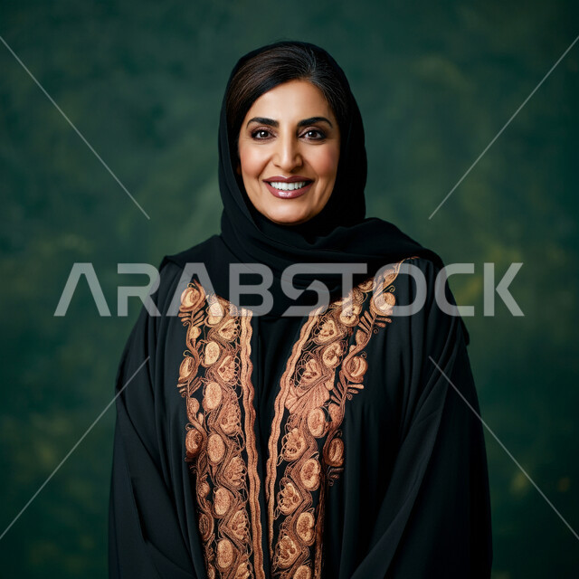 أزياء محجبات عصرية راقية، مفهوم النعومة والأنوثة الأناقة، الاهتمام بالمظهر الخارجي، بورتريه مقرب لامرأة عربية خليجية سعودية مبتسمة ترتدي الحجاب والعباءة السوداء تنظر إلى الكاميرا بإيماءات السرور والثقة بالنفس، خلفية خضراء
