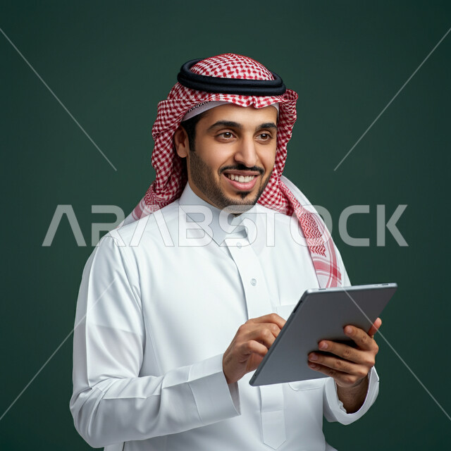 Browsing social media, communicating with family and friends via iPad, close-up portrait of a Saudi Arabian Gulf man wearing traditional thobe and shemagh holding a tablet in his hand, using modern technical devices, concept of completing projects and tasks, working remotely, green background