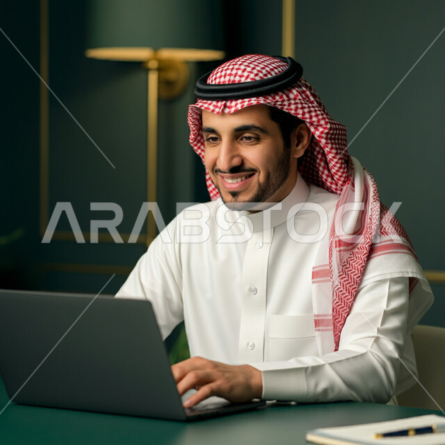 العمل عن بعد، استخدام الأجهزة التقنية الحديثة، إدارة شؤون الأعمال وتنظيمها، صورة مقربة لرجل عربي خليجي سعودي يرتدي الشماغ و الثوب التقليدي يجلس على كرسي مريح يعمل على الحاسوب المحمول، مهن ووظائف إدارية، مفهوم إنجاز المشاريع والمهام