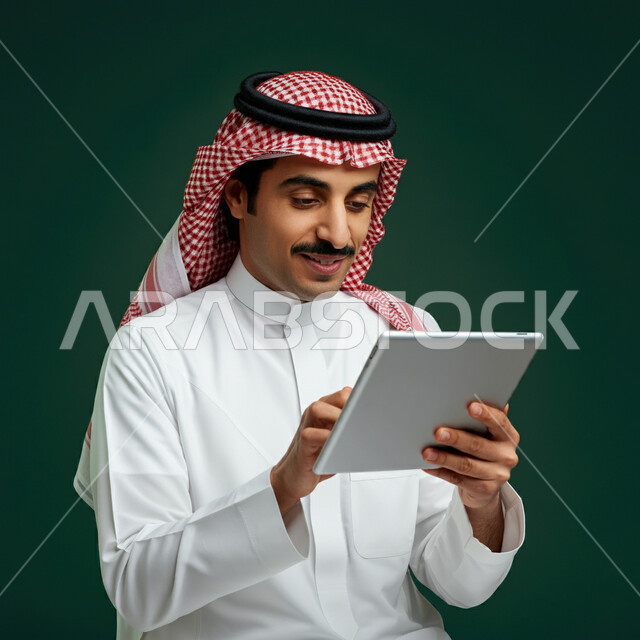 تصفح مواقع التواصل الاجتماعي، التواصل مع الأهل والأصدقاء عبر الايباد، بورتريه مقرب لرجل عربي خليجي سعودي يرتدي الثوب التقليدي والشماغ يمسك الجهاز اللوحي بيده، استخدام الأجهزة التقنية الحديثة، مفهوم إنجاز المشاريع والمهام العمل عن بعد، خلفية خضراء
