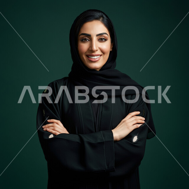 أزياء محجبات عصرية راقية، الملامح العربية الأصيلة، مفهوم الثقة بالنفس والاهتمام بالمظهر الخارجي، بورتريه مقرب لامرأة عربية خليجية سعودية مبتسمة ترتدي الحجاب والعباءة تنظر الى الكاميرا بتعابير السرور، الوقوف بايماءات أيدي متقاطعة، خلفية خضراء
